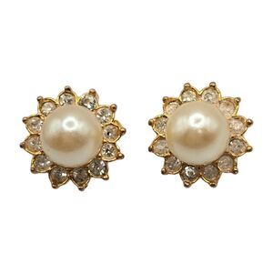 Imitation Pearl Earrings Creamy Off White Studs Pierced Halo Clear Rhinestones